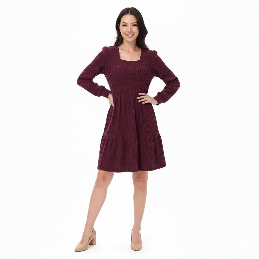 Frye Womens Ribbed Knit Dress Dark Red Stretch Casual Chic Tiered Skirt New